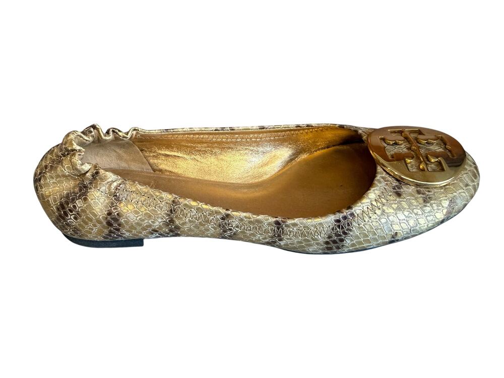 Tory Burch Reva Snake Python Print Ballet Flats Metallic Gold 7